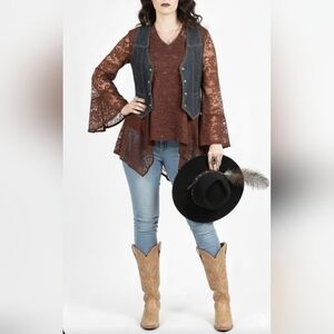 Dor Dor V-Neck Open Mesh Knit Split Bell Sleeve Tunic Top Blouse Boho M Goth